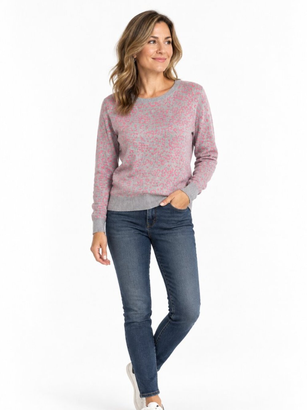 Halogen Womens M Gray Pink Leopard Animal Print Cotton Blend Sweater